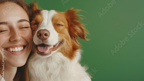 Office worker smiling at a pet while on a call, emotional support, animals in worklife balance photo