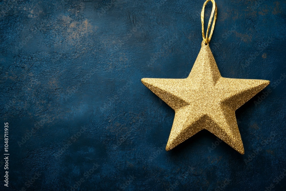 A single gold star ornament delicately suspended against a vibrant blue wall backdrop.