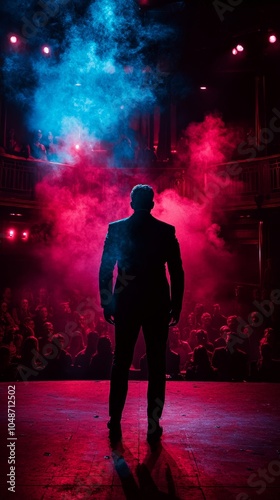 Full-body shot of a theater actor performing on stage with dramatic lighting at the Edinburgh International Festival, dimly lit audience in background photo