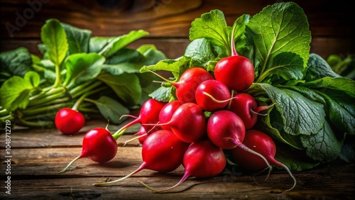 Wallpaper Mural Fresh Red Radishes with Green Leaves on Wooden Table Torontodigital.ca