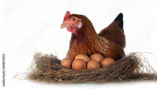 A hen sitting in a nest next to a group of eggs.
