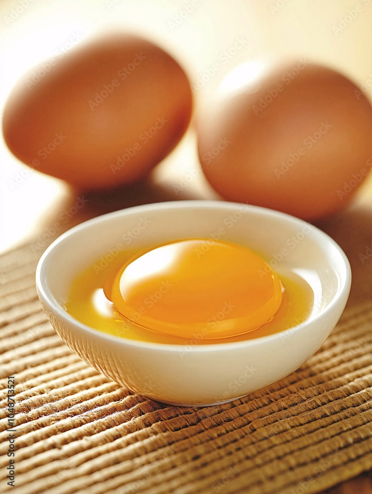 Fresh Cracked Egg Yolk and White in Rustic Bowl - Close-Up Culinary Delight in Soft Lighting for Kitchen Inspiration Fresh Cracked Egg Yolk and White in Rustic Bowl - Close-Up Culinary Delight in Soft Lighting for Kitchen Inspiration