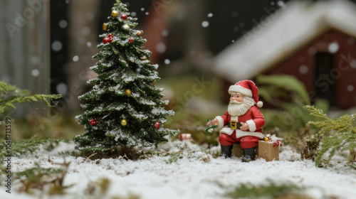 A small Santa figurine sits beside a decorated Christmas tree in a snowy landscape, surrounded by flurries and festive presents, creating a winter holiday scene.