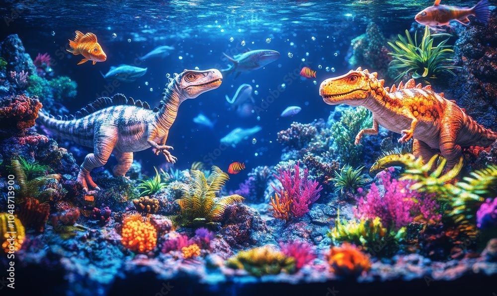 Two dinosaurs swim in a colorful reef. Two dinosaurs swim in a colorful reef.