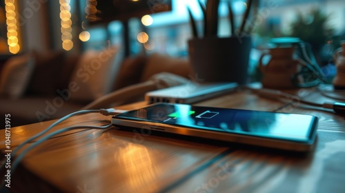 A Smartphone Charging on a Wooden Table with a Charging Indicator Displayed