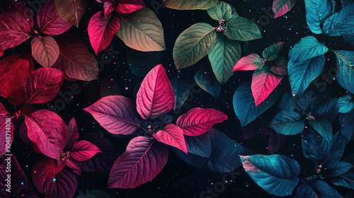 Bold, colorful leaves juxtaposed against a starry black background, creating a dramatic and magical composition that inspires a sense of wonder and imagination. photo