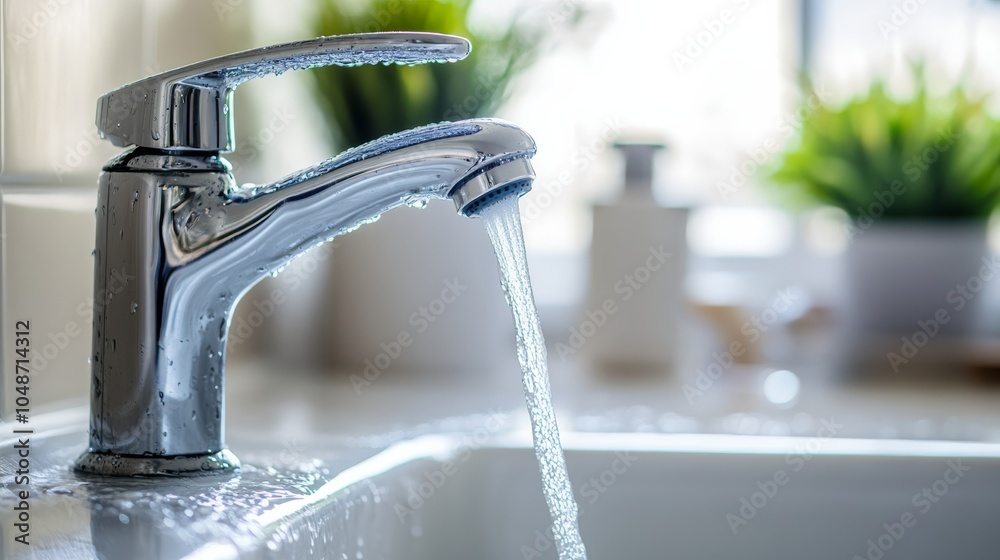 A shiny kitchen faucet with running water, set against a bright background, adding a fresh and clean aesthetic. A shiny kitchen faucet with running water, set against a bright background, adding a fresh and clean aesthetic.