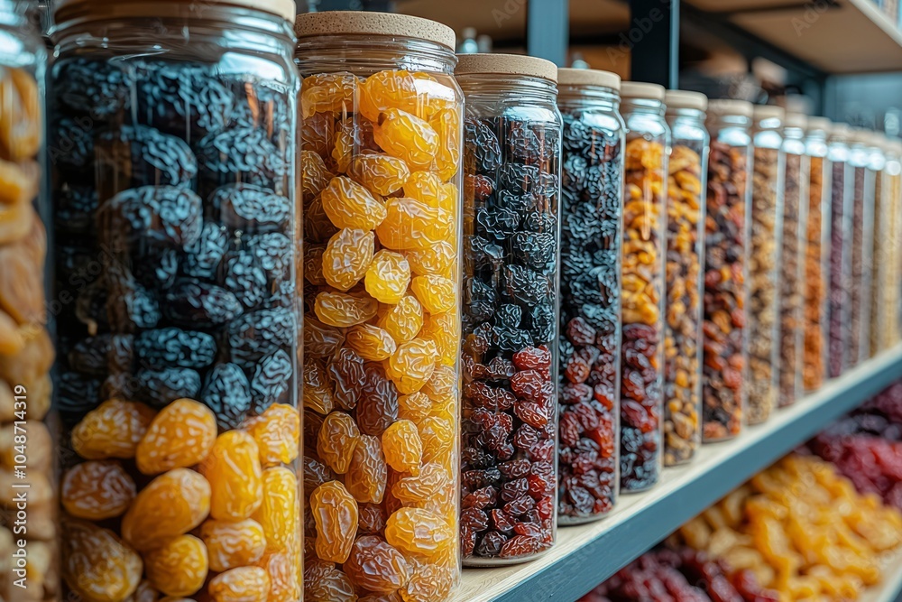 Glass Jars Filled with Various Dried Fruits on a Shelf Glass Jars Filled with Various Dried Fruits on a Shelf