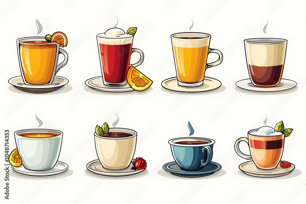 Set of eight cartoon cups with different hot drinks, tea, coffee, cappuccino, latte on white background. Set of eight cartoon cups with different hot drinks, tea, coffee, cappuccino, latte on white background.