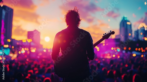 Wide-angle shot of a guitarist performing passionately on stage at Austin City Limits Festival with blurred crowd, vibrant colors, and energetic atmosphere
