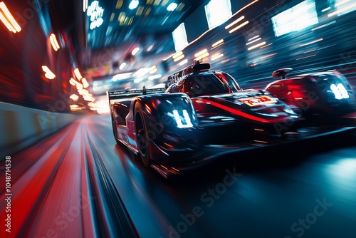 Wide-angle shot of a racing car speeding through the night at 24 Hours of Le Mans, intense motion blur and vibrant lighting effects in the background