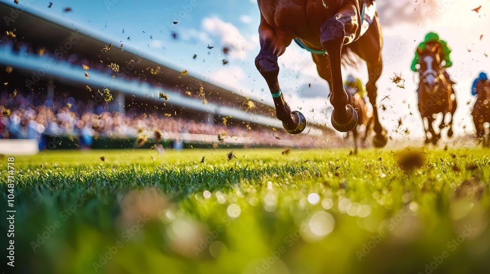 Obraz premium Wide-angle shot of horses racing towards the finish line at the Melbourne Cup, with spectators blurred in the background, vibrant motion and dynamic natural lighting