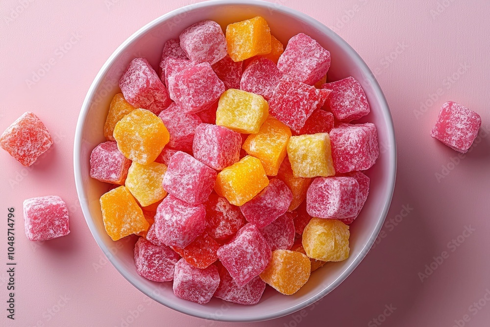 Bowl of Sugary Pink and Yellow Candy on Pink Background Bowl of Sugary Pink and Yellow Candy on Pink Background