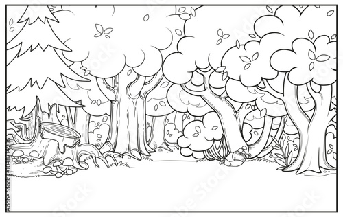 Old fairy tale forest and meadow horizontal background outlined variation for coloring page