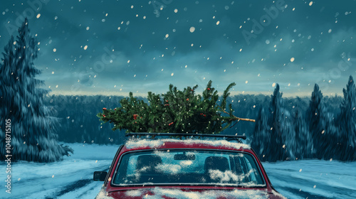 Red car with Christmas tree on the roof top in the beautiful winter landscape. Christmas holidays background for greeting card and winter holiday banner. 