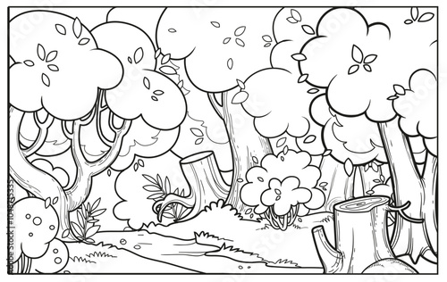 Old fairy tale forest with path outlined for coloring page isolated on white background