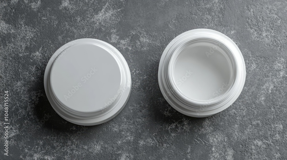 White round container with lid open on a gray marble surface. White round container with lid open on a gray marble surface.