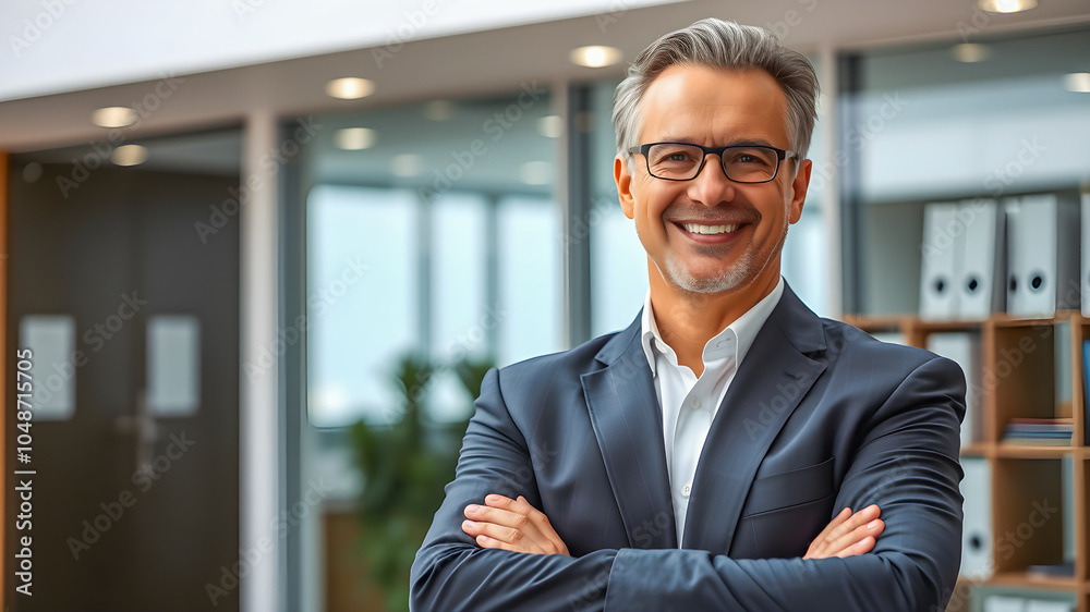 Happy middle aged business man ceo standing in office arms crossed. Smiling mature confident professional executive manager, proud lawyer, businessman leader wearing blue suit. Ai generated Happy middle aged business man ceo standing in office arms crossed. Smiling mature confident professional executive manager, proud lawyer, businessman leader wearing blue suit. Ai generated