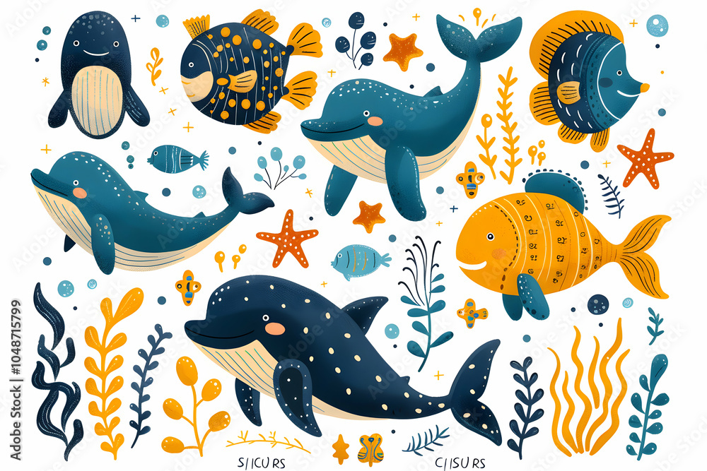 A collection of cute cartoon sea creatures, including a whale, dolphin, penguin, and fish. A collection of cute cartoon sea creatures, including a whale, dolphin, penguin, and fish.