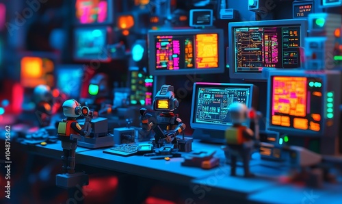 Cyberpunk robots in a futuristic command center.