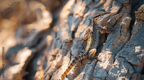 A Grey and Black Gecko Climbing on Cracked Bark photo