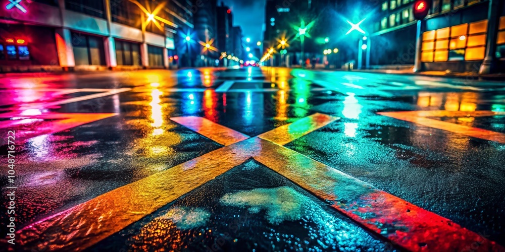 Colorful Cross Marks on Wet Street at Night Colorful Cross Marks on Wet Street at Night