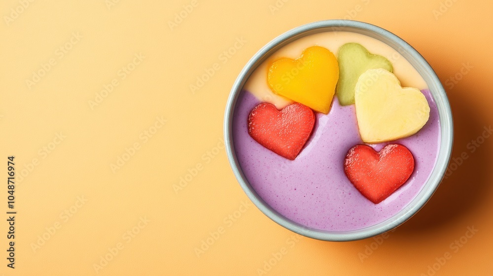 Obraz premium A colorful dessert topped with heart-shaped fruit slices, set against a vibrant orange background.