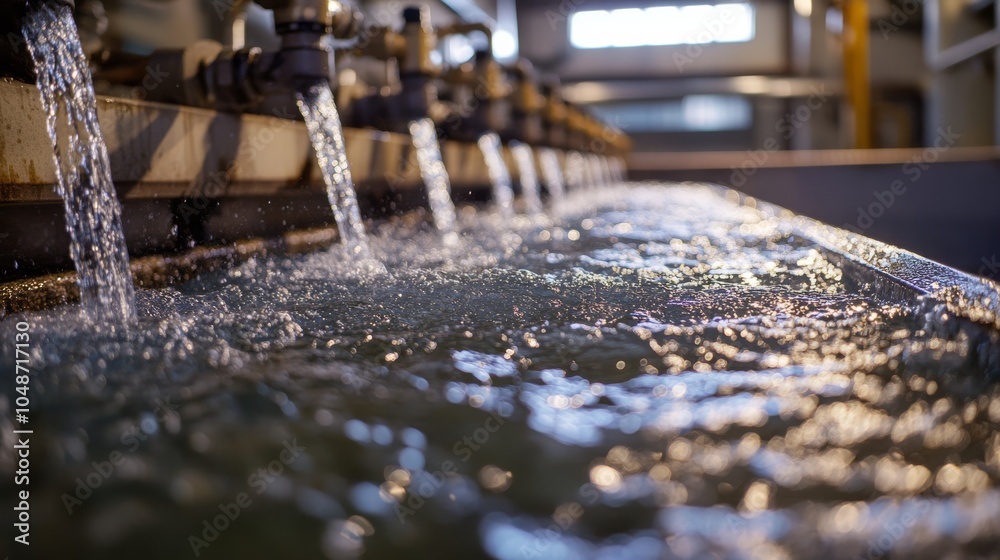 A series of water streams flowing from pipes into a large tank, creating ripples on the water's surface in a well-lit industrial setting. A series of water streams flowing from pipes into a large tank, creating ripples on the water's surface in a well-lit industrial setting.