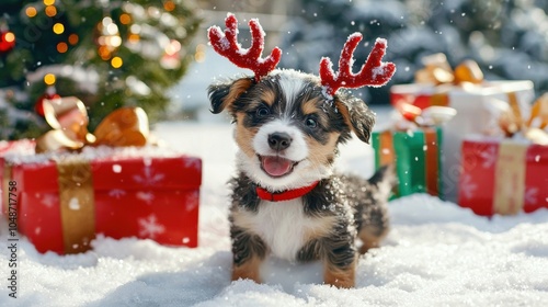 A playful puppy wearing reindeer antlers in a winter wonderland surrounded by festive gifts and snowflakes photo