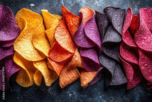 Assortment of Colorful Tortilla Chips on Black Background photo