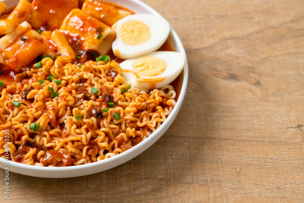Korean instant noodles with Korean rice cake and fish cake and boiled egg Korean instant noodles with Korean rice cake and fish cake and boiled egg