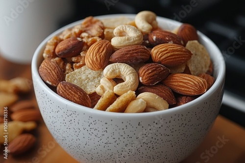 A Close-up View of Almonds, Cashews, and Walnuts in a White Bowl photo