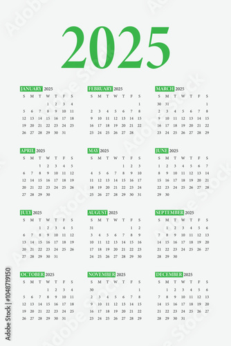 Calendar 2025, Calendar Set for 2025 year, Minimalist clean square layout, Calendar 2025 week start Sunday,