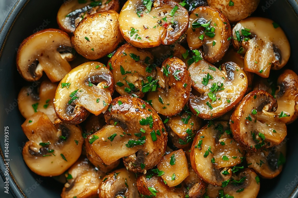 Close-up of Sauteed Mushrooms with Parsley and Herbs in a Black Bowl Close-up of Sauteed Mushrooms with Parsley and Herbs in a Black Bowl