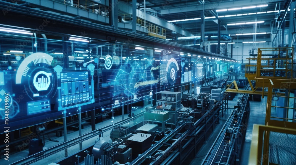 Industrial Factory with Digital Interface Overlays Industrial Factory with Digital Interface Overlays