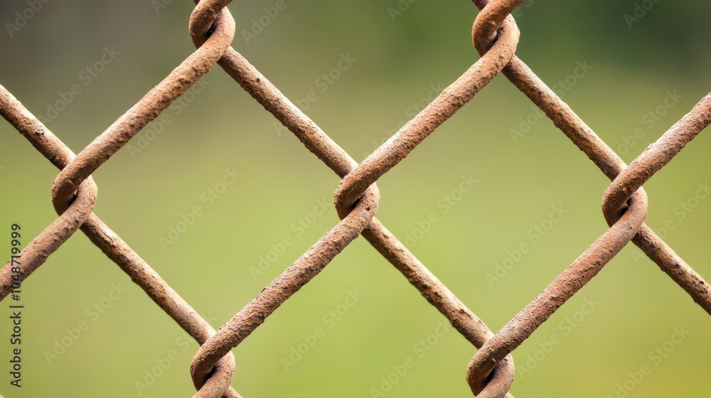 Rusty metal fence with intricate pattern against blurred green background Rusty metal fence with intricate pattern against blurred green background