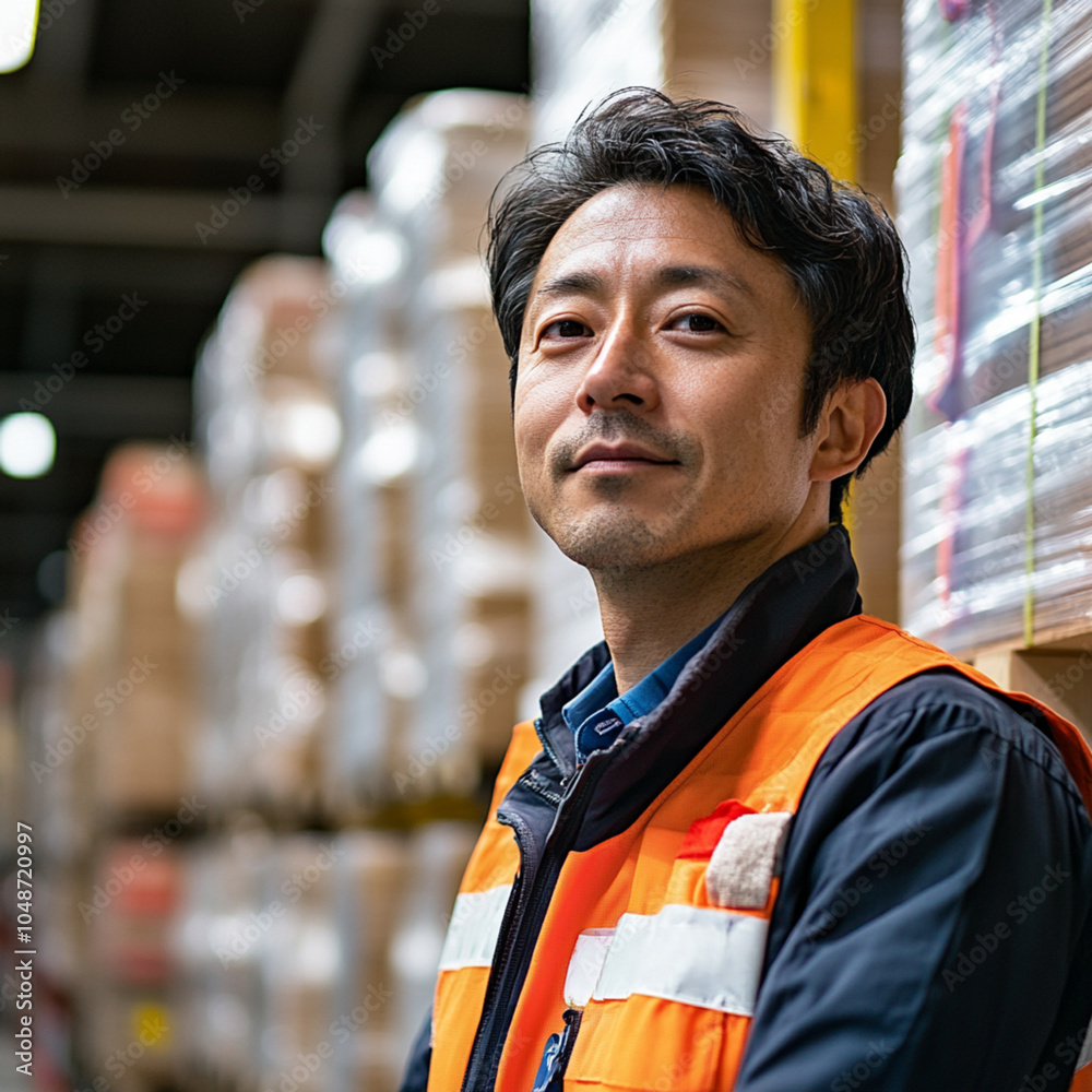 Fototapeta premium A man in an orange vest stands in front of a stack of boxes