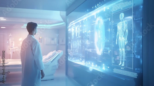 A doctor in a futuristic clinic uses AI-generated holographic projections to visualize and diagnose patient conditions, rendered in 8k