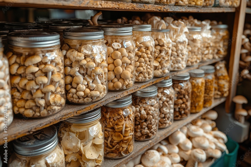 Jars of preserved mushrooms on wooden shelves Jars of preserved mushrooms on wooden shelves