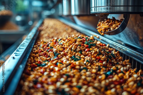 Fototapeta Naklejka Na Ścianę i Meble -  Food Processing Conveyor Belt With Mixed Nuts and Dried Fruits