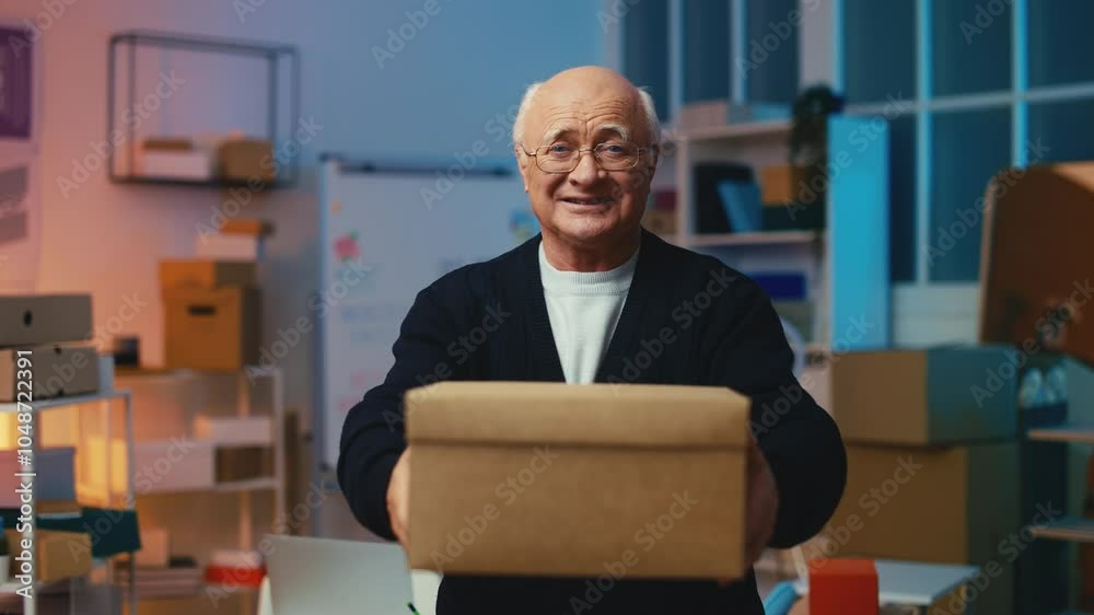 Happy senior small business owner holding a delivery box, selling merchandise Happy senior small business owner holding a delivery box, selling merchandise