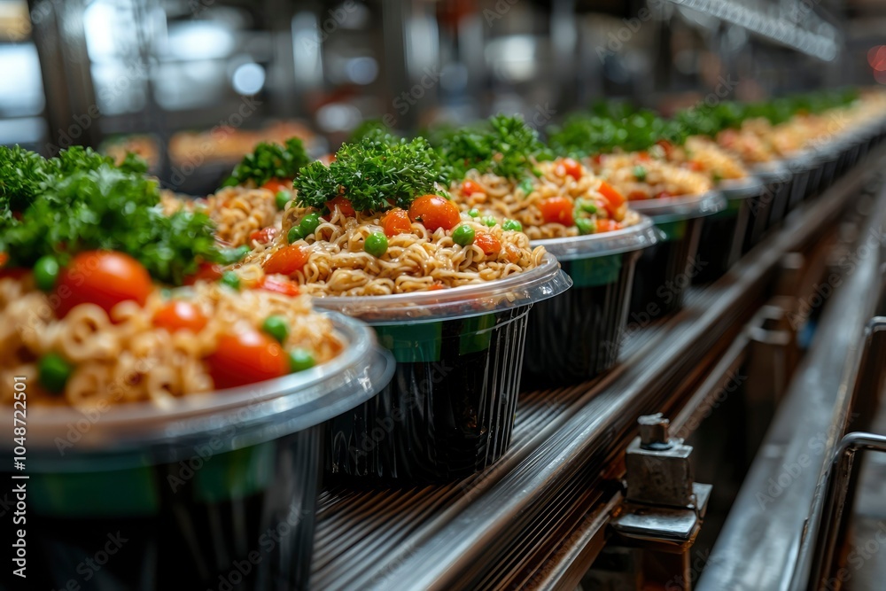 Fototapeta premium Conveyor Belt with Plastic Containers of Noodles, Tomatoes, Peas, and Parsley