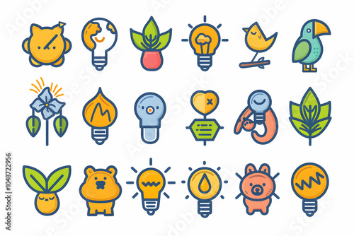 Colorful cartoon icons of lightbulbs, plants, animals, and other nature-themed illustrations. photo