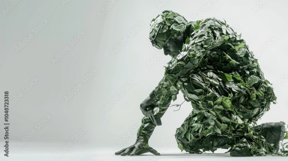 Obraz premium Camouflaged Figure Kneeling in a Green Suit