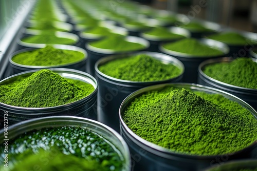 Rows of Metal Containers Filled with Green Powder