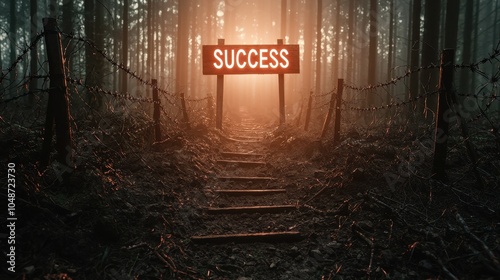 Pathway to success with glowing sign and barbed wire fence in misty forest photo