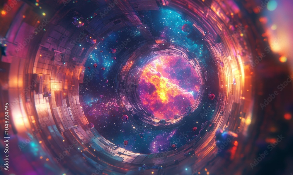 Obraz premium A colorful nebula viewed from a futuristic tunnel.