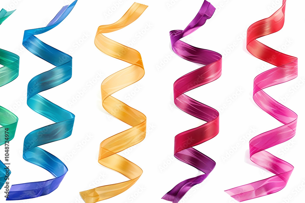 Six colorful ribbons are curled in a spiral shape and isolated on a white background. Six colorful ribbons are curled in a spiral shape and isolated on a white background.