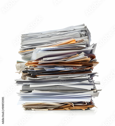 A large stack of papers and documents isolated on a white background.