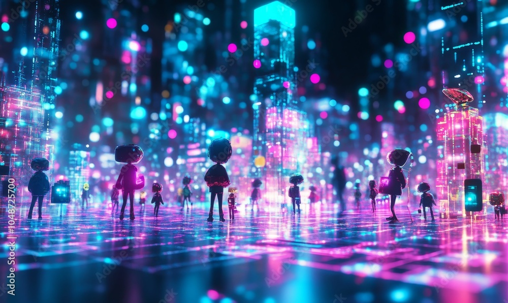 Fototapeta premium Silhouettes in neon-lit futuristic city.